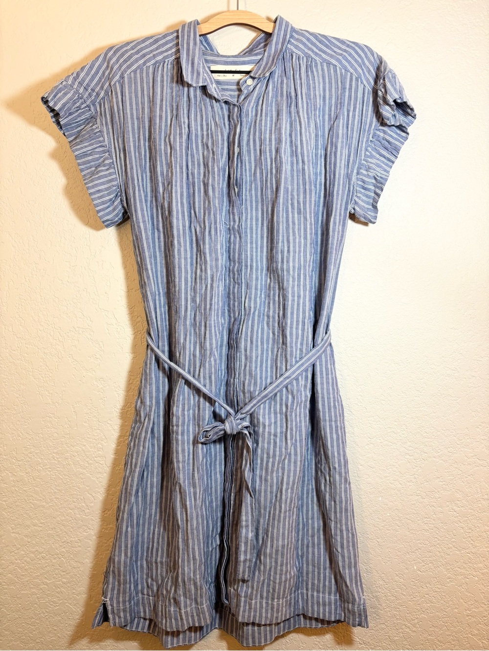 Anthropologie Isabella Sinclair Piper Blue White Stripe Ruffle Sleeve Dress Sz M - Picture 6 of 12